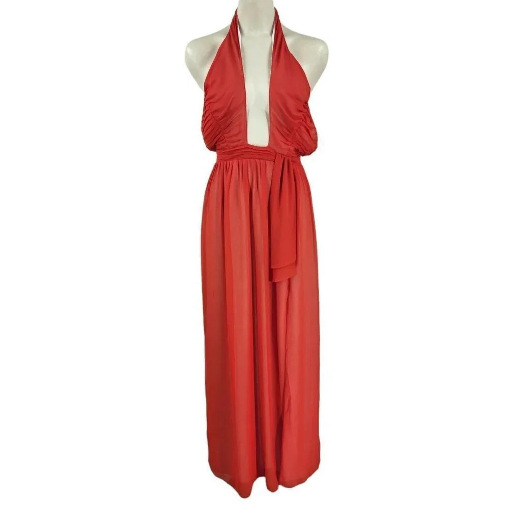 Majorelle Women's Plunge Halter Sleeveless Maxi Dress Red Lined Size Small‎